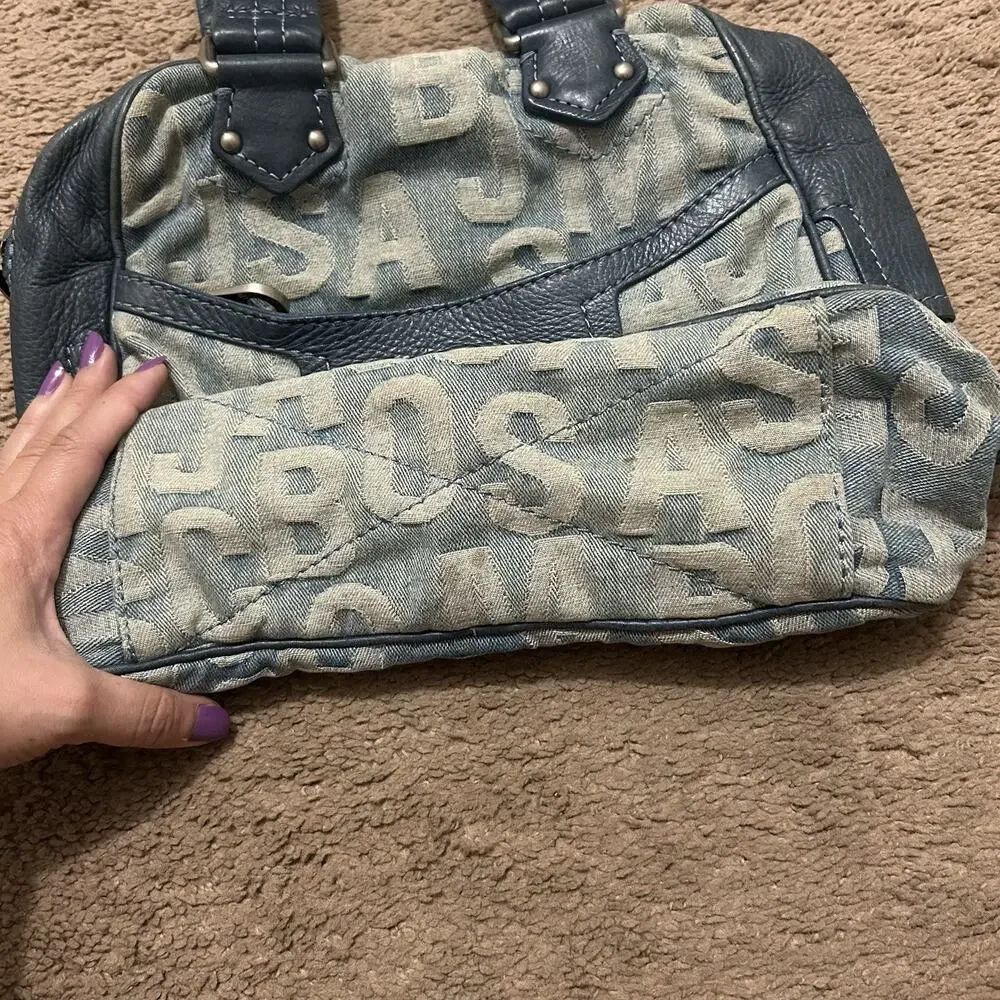 Marc by Marc Jacobs Blue Logo Satchel Bag Gold Tone Hardware Leather Handles